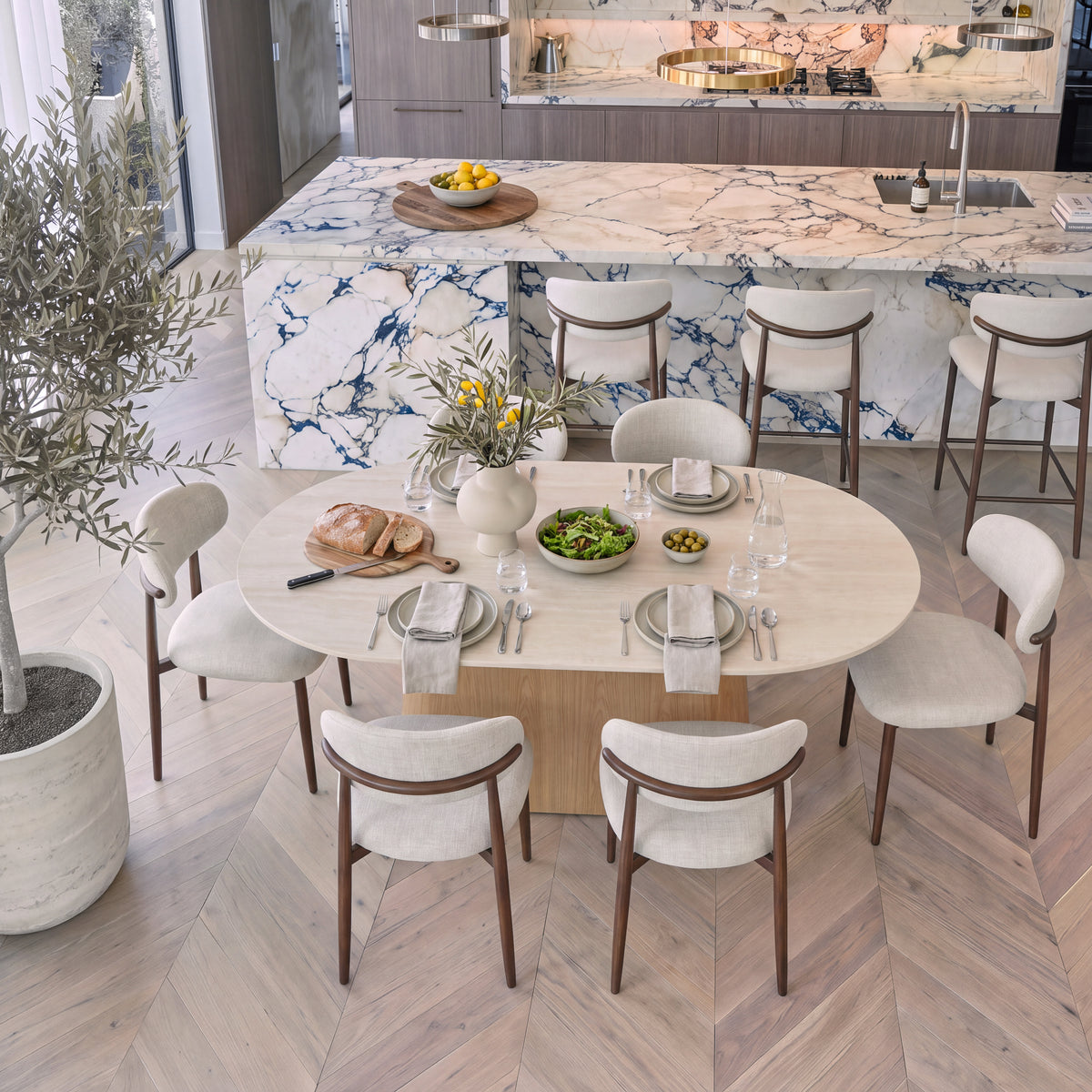 Hera 200cm Dining Table Natural, set for a meal, raised view