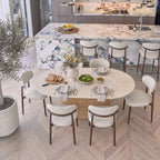 Hera 200cm Dining Table Natural, set for a meal, raised view