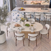 Hera 200cm Dining Table Natural, set for a meal, raised view