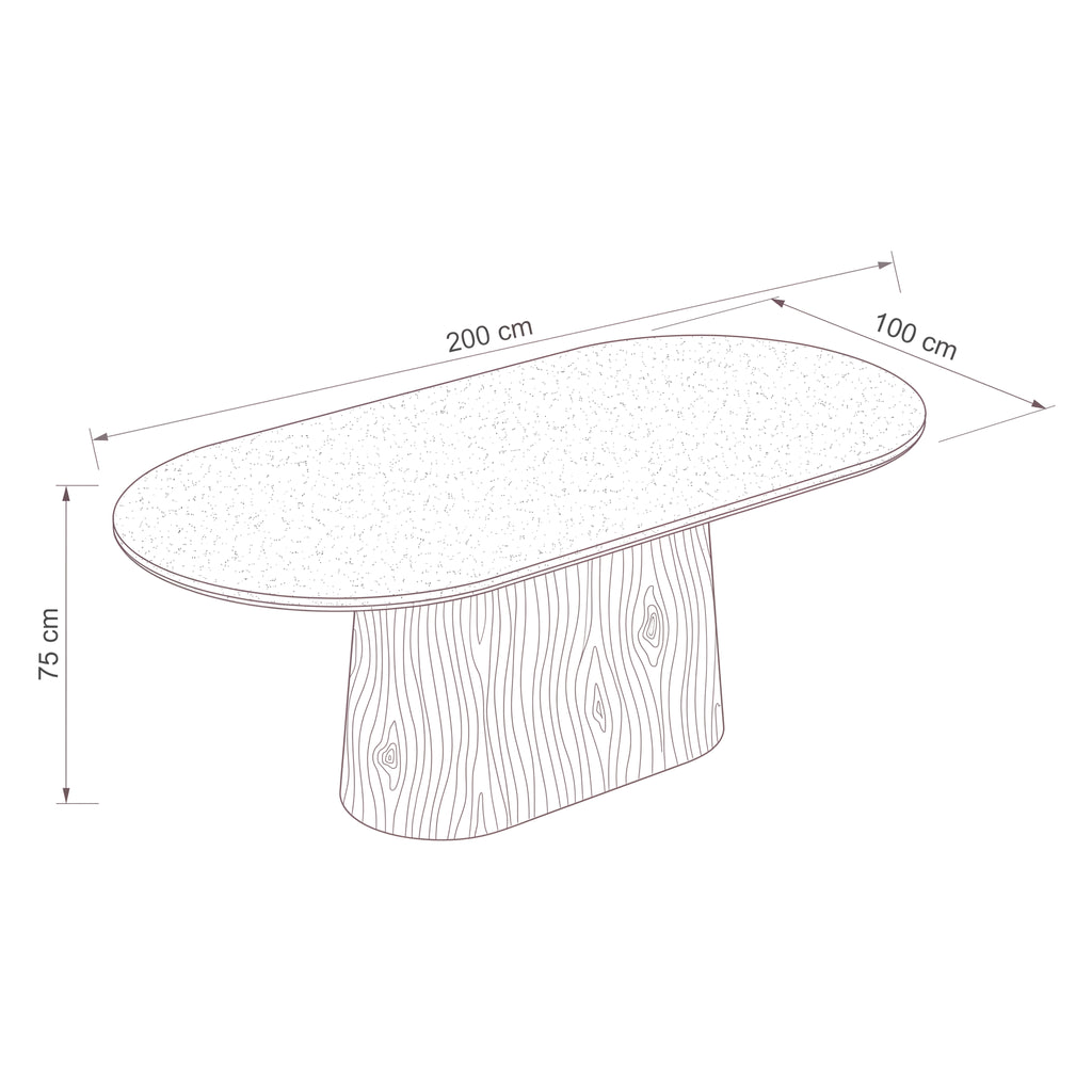 Hera 200cm Dining Table Natural — dimensions diagram, W200 x D100 x H75 cm