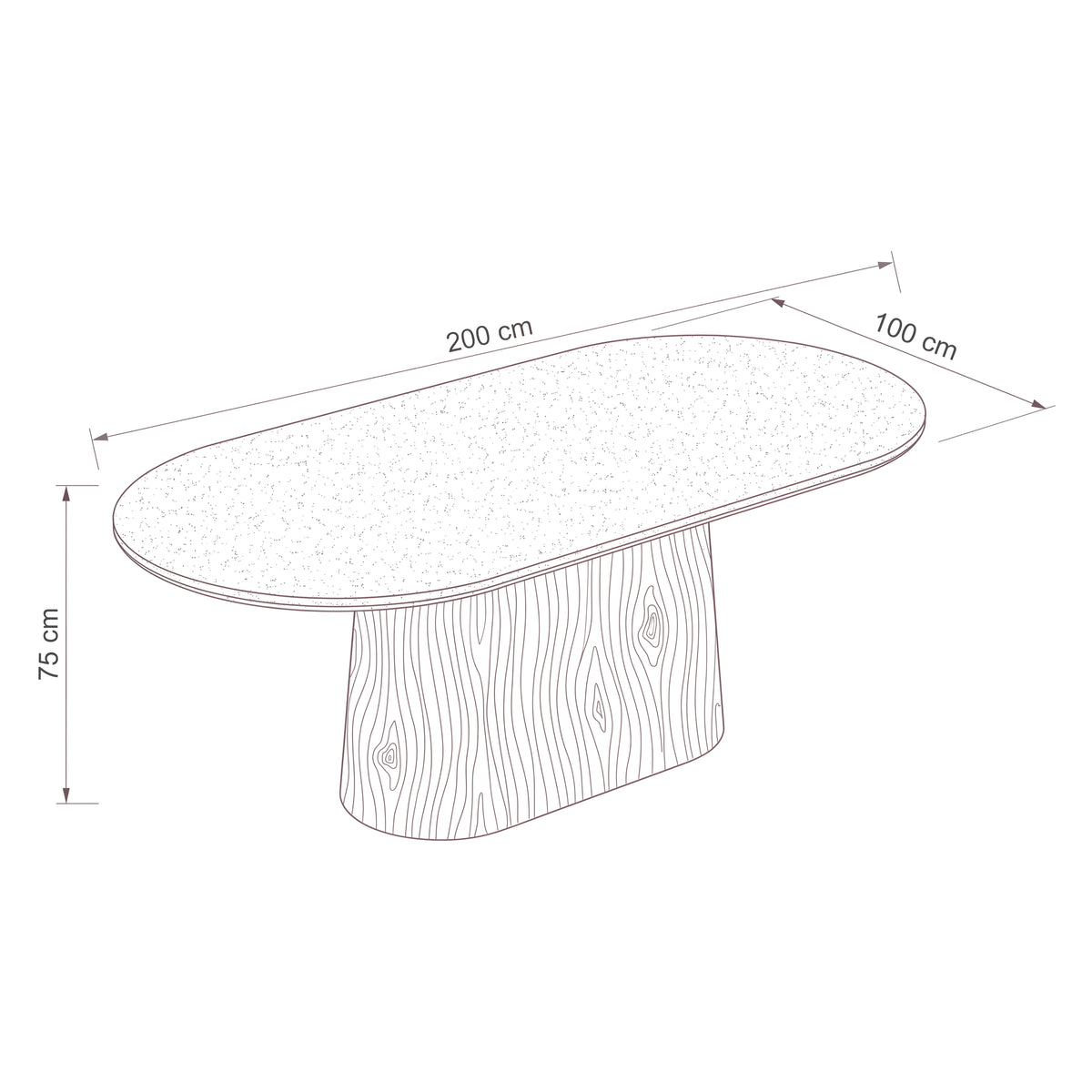 Hera 200cm Dining Table Natural — dimensions diagram, W200 x D100 x H75 cm