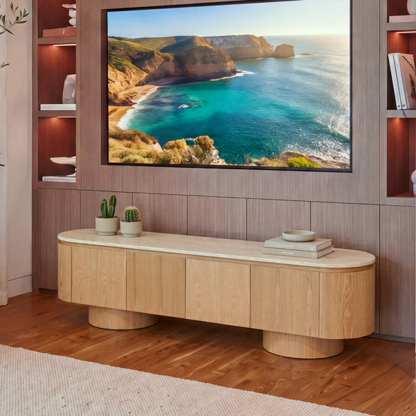 Hera 200cm ETU Entertainment TV Unit Natural, beneath a wall-mounted TV in a living room