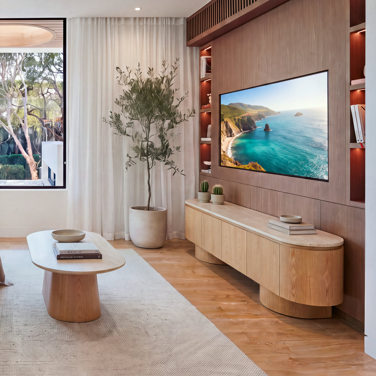 Hera 200cm ETU Entertainment TV Unit Natural, angled view in a living room beside a coffee table