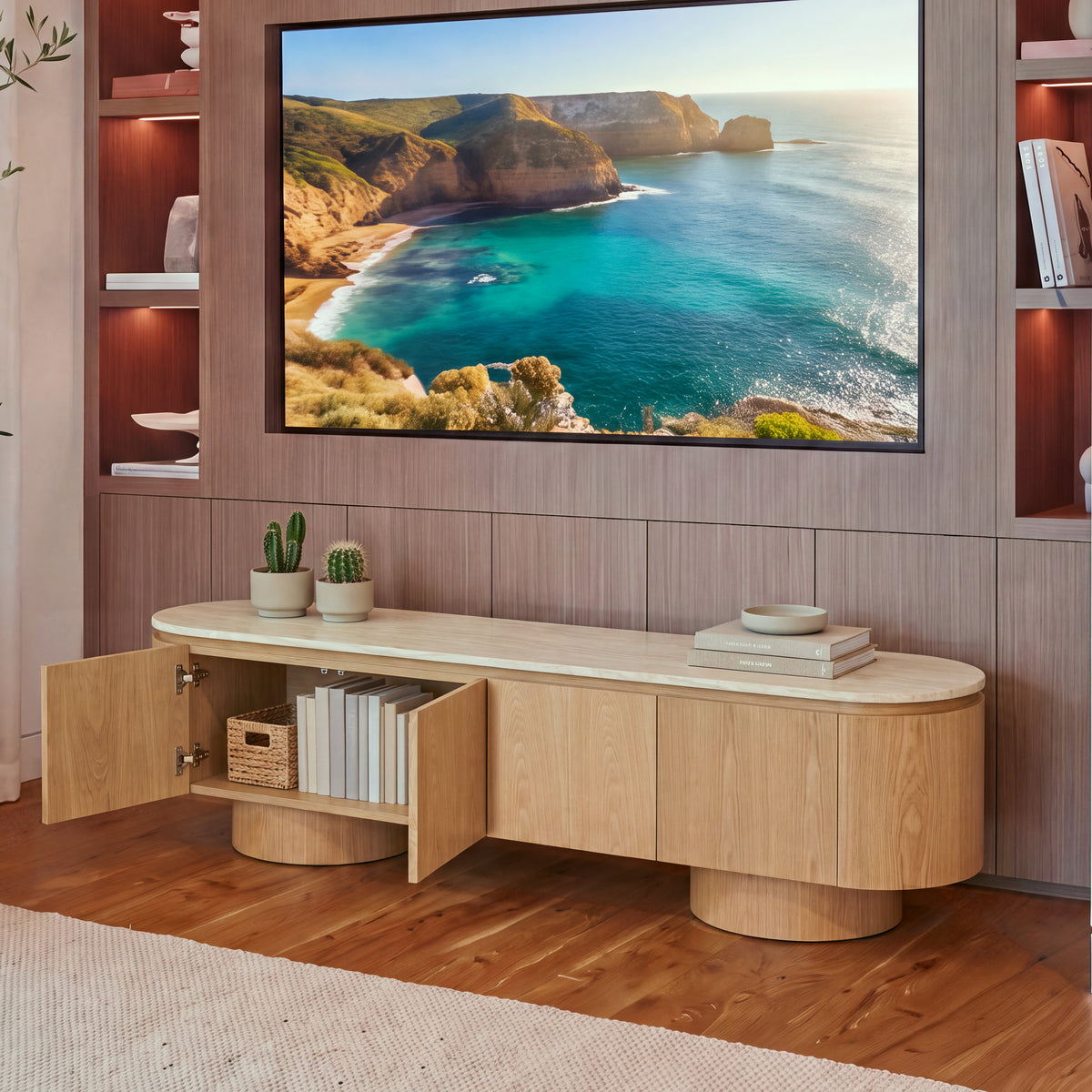 Hera 200cm ETU Entertainment TV Unit Natural, doors open showing the storage inside