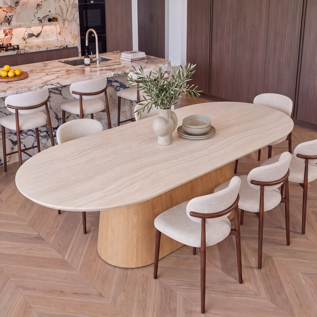 Hera 240cm Dining Table Natural, with dining chairs, three-quarter view