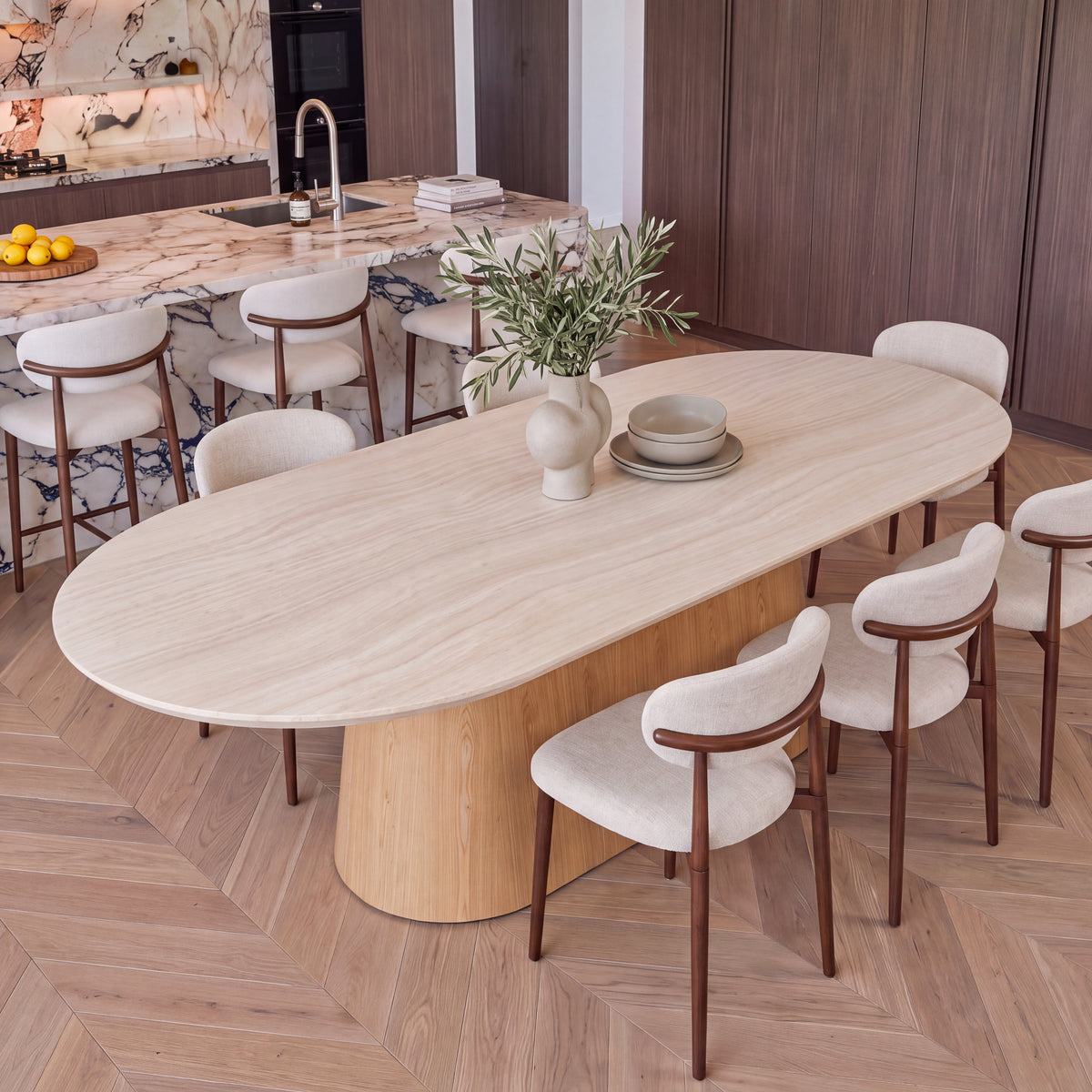 Hera 240cm Dining Table Natural, with dining chairs, three-quarter view