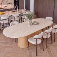 Hera 240cm Dining Table Natural, with dining chairs, three-quarter view