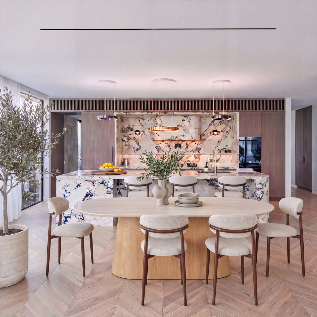 Hera 240cm Dining Table Natural, in an open-plan kitchen and dining room, wide view