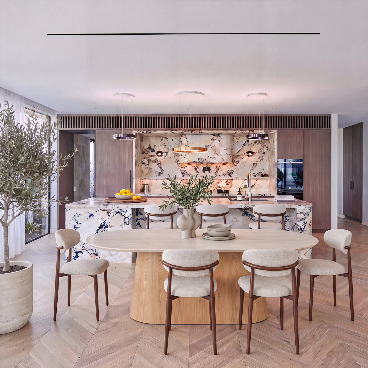 Hera 240cm Dining Table Natural, in an open-plan kitchen and dining room, wide view