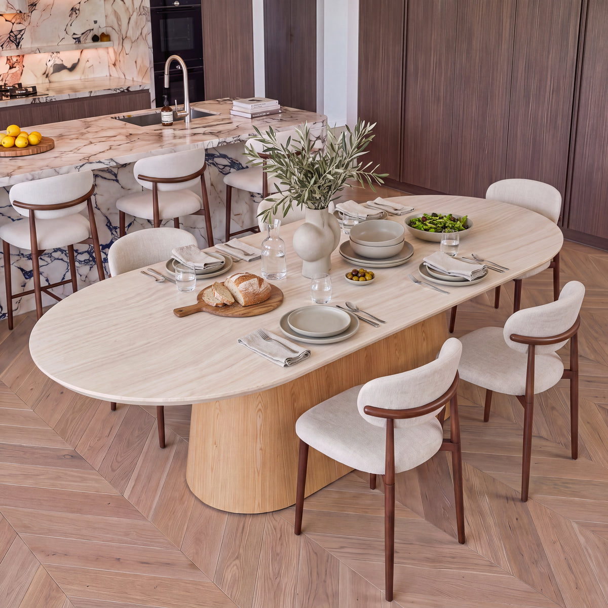 Hera 240cm Dining Table Natural, set for a meal with dining chairs