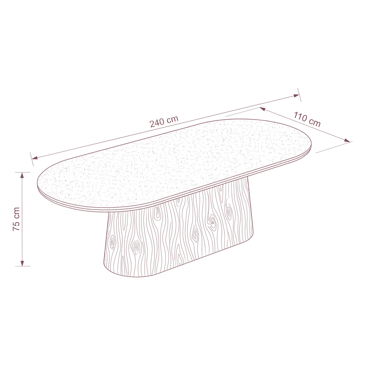 Hera 240cm Dining Table Natural — dimensions diagram, W240 x D110 x H75 cm