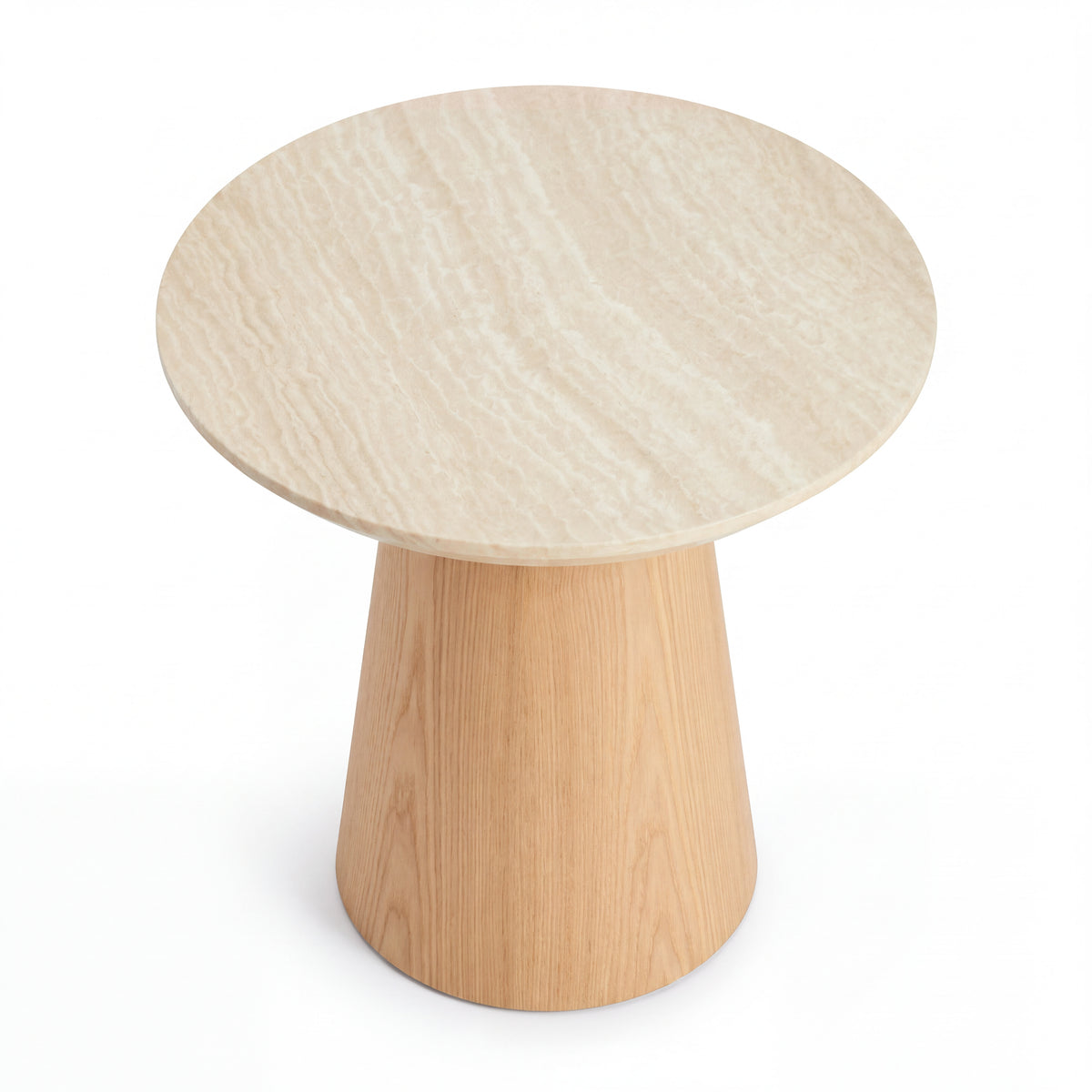 Hera 55cm Round Side Table Natural, raised view of the tabletop on a white background