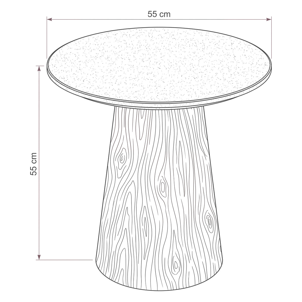 Hera 55cm Round Side Table Natural — dimensions diagram, 55 cm diameter x 55 cm high