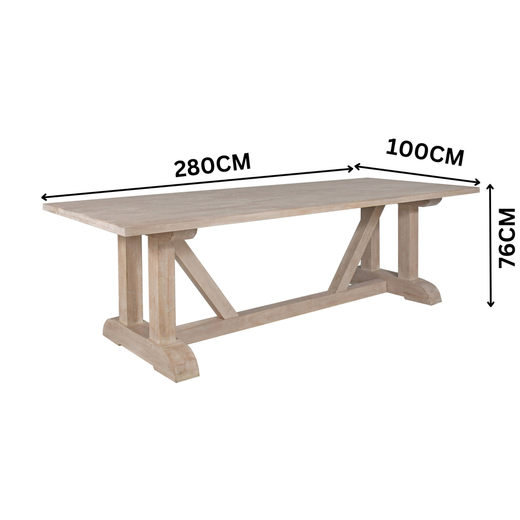 Hercules 280cm Solid Timber Dining Table Wash White
