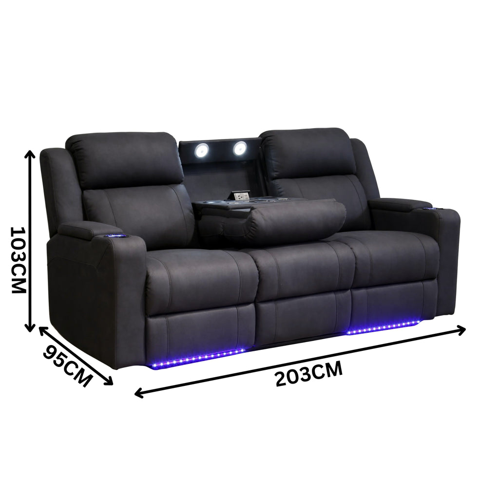 Homie 3 Seater Electric Recliner Sofa Rhino Suede Fabric Lounge Black