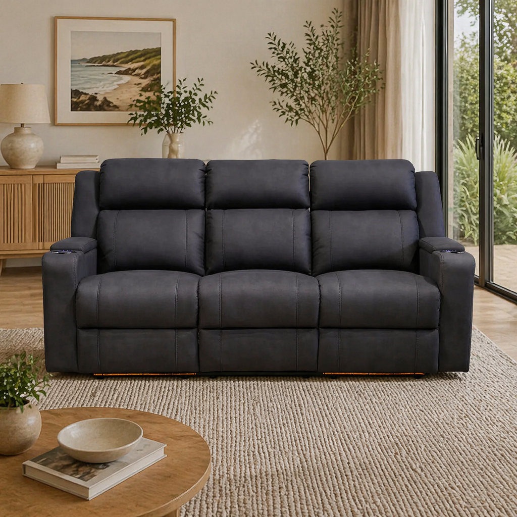 Homie 3 Seater Electric Recliner Sofa Rhino Suede Fabric Lounge Black