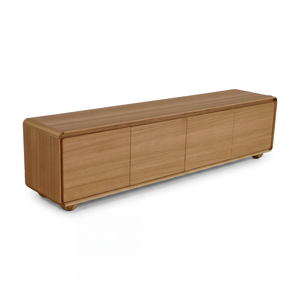 Hudson Jenny 220cm ETU Entertainment TV Unit Natural, three-quarter view on a white background showing four doors, rounded corners and round bun feet