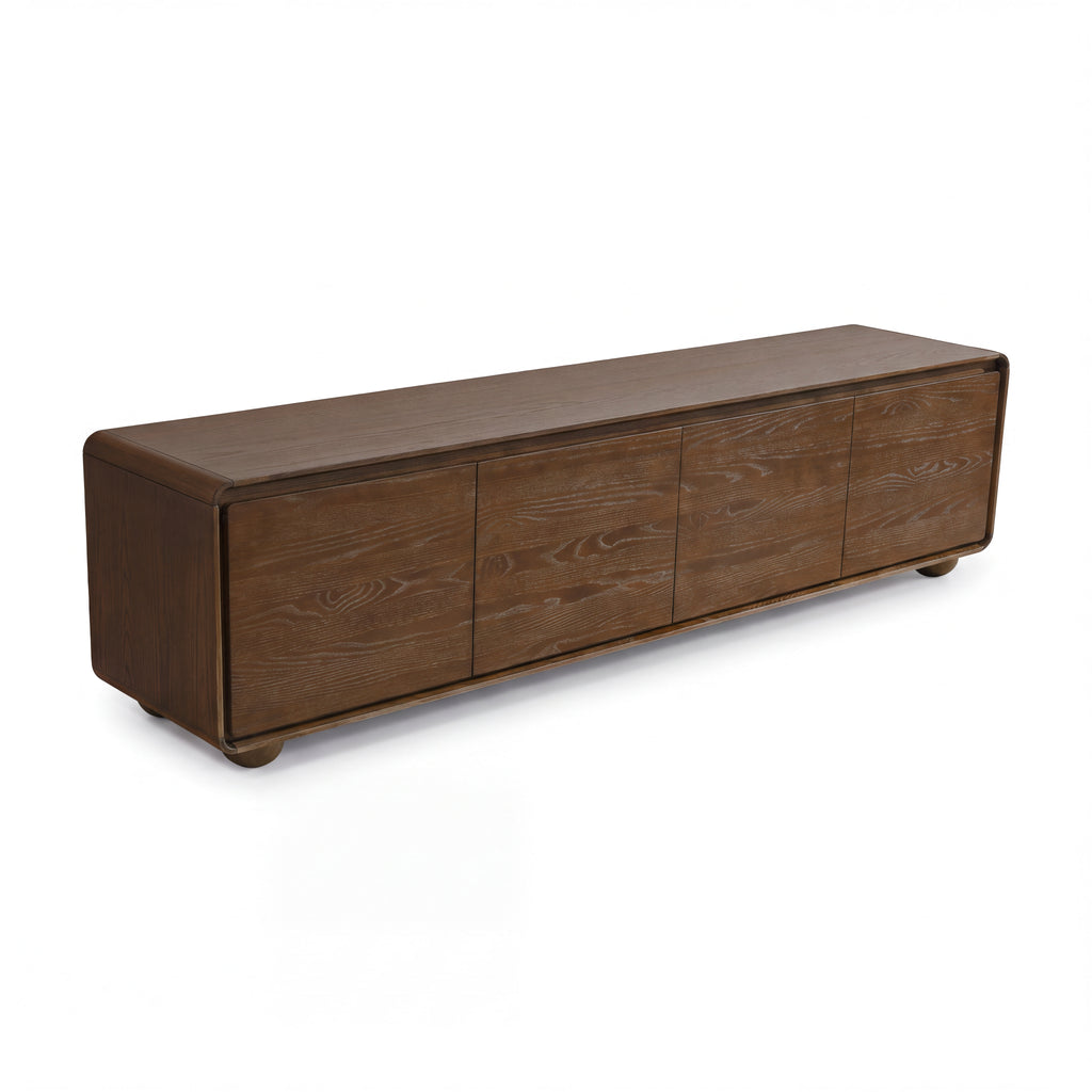 Hudson Jenny 220cm ETU Entertainment TV Unit Walnut, three-quarter view on a white background showing four doors, rounded corners and round bun feet