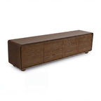 Hudson Jenny 220cm ETU Entertainment TV Unit Walnut, three-quarter view on a white background showing four doors, rounded corners and round bun feet