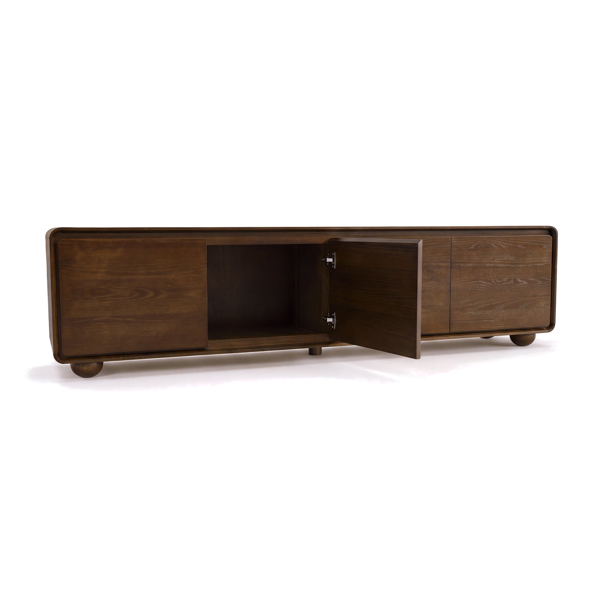 Hudson Jenny 220cm ETU Entertainment TV Unit Walnut, one door open on a white background showing the inside compartment