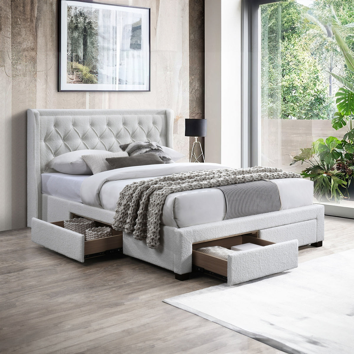 Jackson King Size Bed Frame 4 Storage Drawers Boucle Fabric Ivory Cream