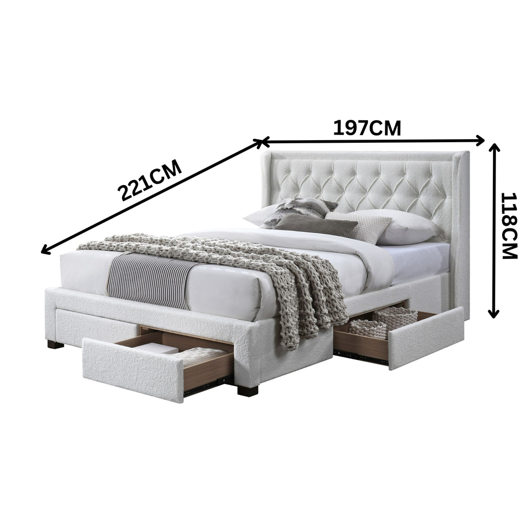 Jackson King Size Bed Frame 4 Storage Drawers Boucle Fabric Ivory Cream