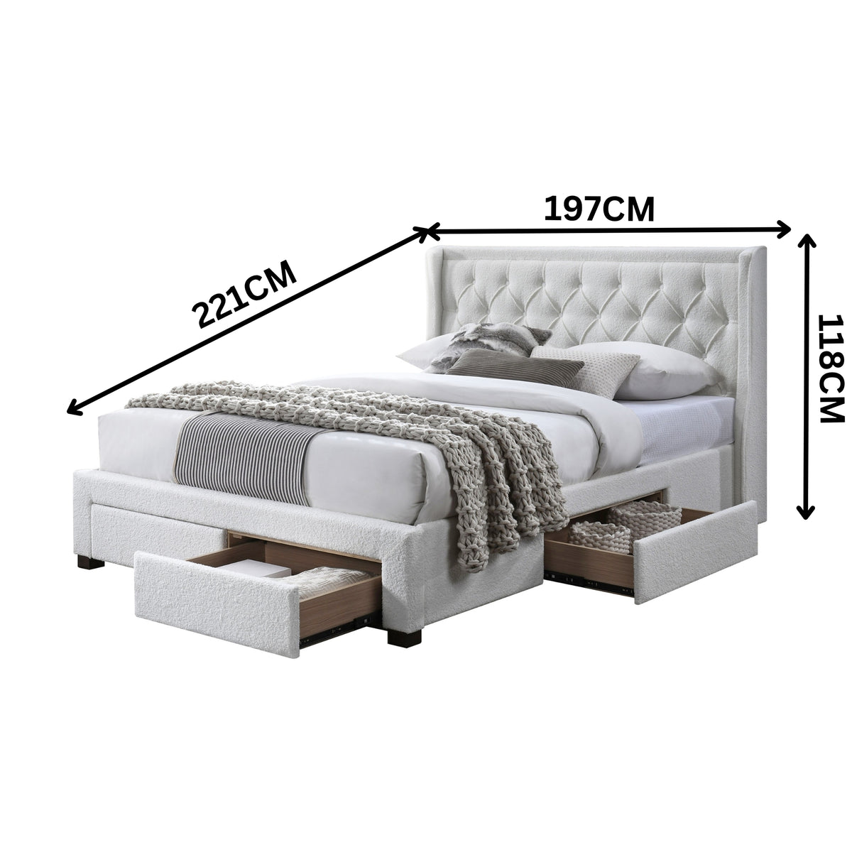 Jackson King Size Bed Frame 4 Storage Drawers Boucle Fabric Ivory Cream