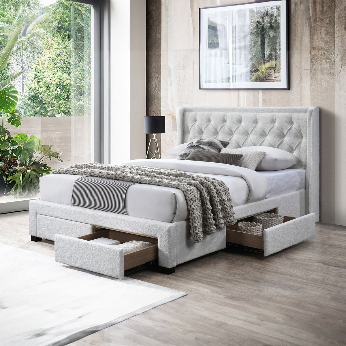 Jackson Queen Size Bed Frame 4 Storage Drawers Boucle Fabric Ivory Cream