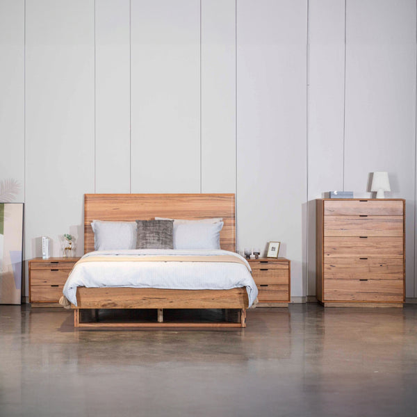 Japandi Queen Bed Frame Set Bedside Table Tallboy Natural Oak