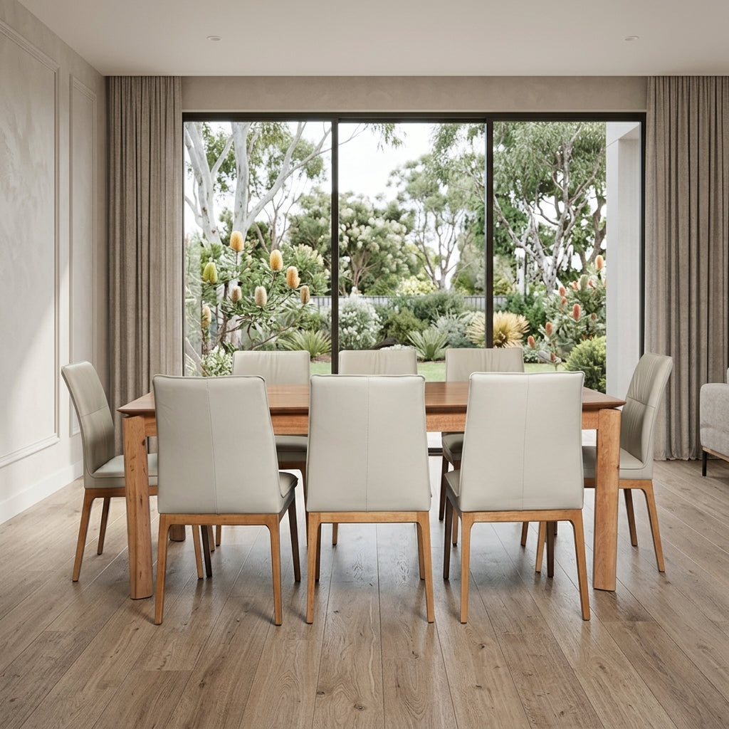 Japon 9pc Dining Set 240cm Table 8 Leather Seat Grey Chair Natural