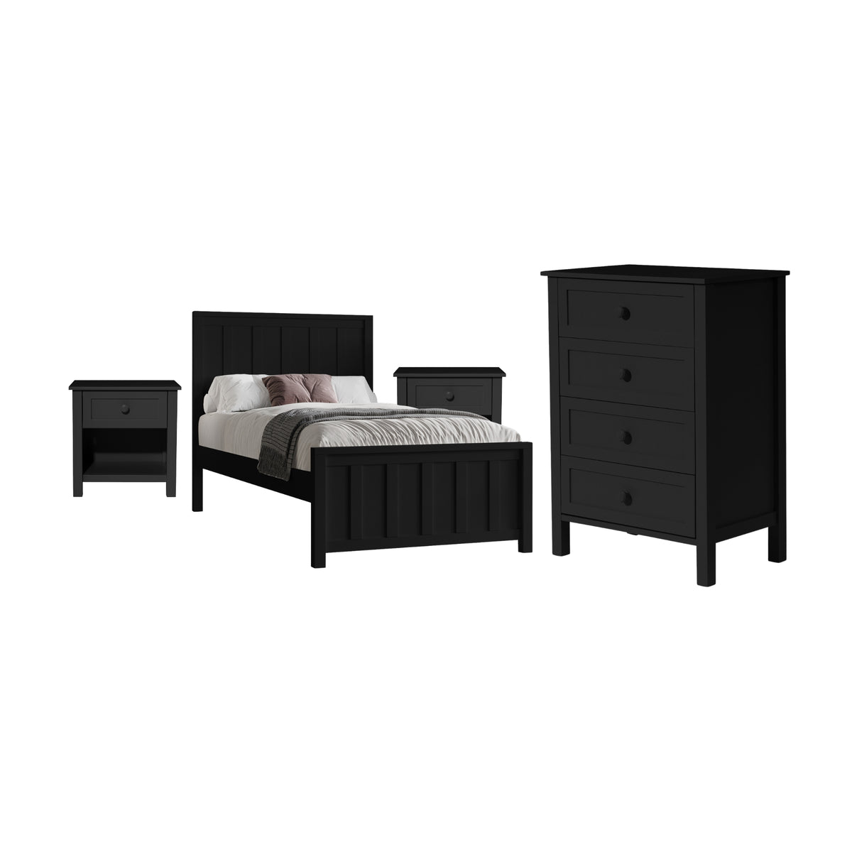Jessica 4pc Double Bedroom Set Bed Frame Bedside Tallboy Black