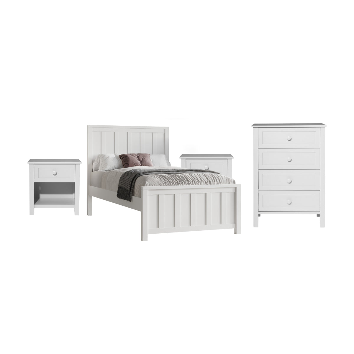 Jessica 4pc Double Bedroom Set Bed Frame Bedside Tallboy White