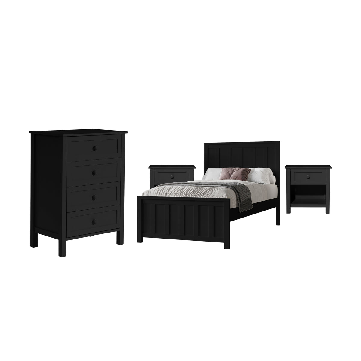 Jessica 4pc King Single Bedroom Set Bed Frame Bedside Tallboy Black