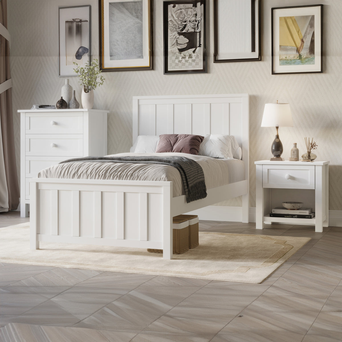 Jessica 4pc King Single Bedroom Set Bed Frame Bedside Tallboy White
