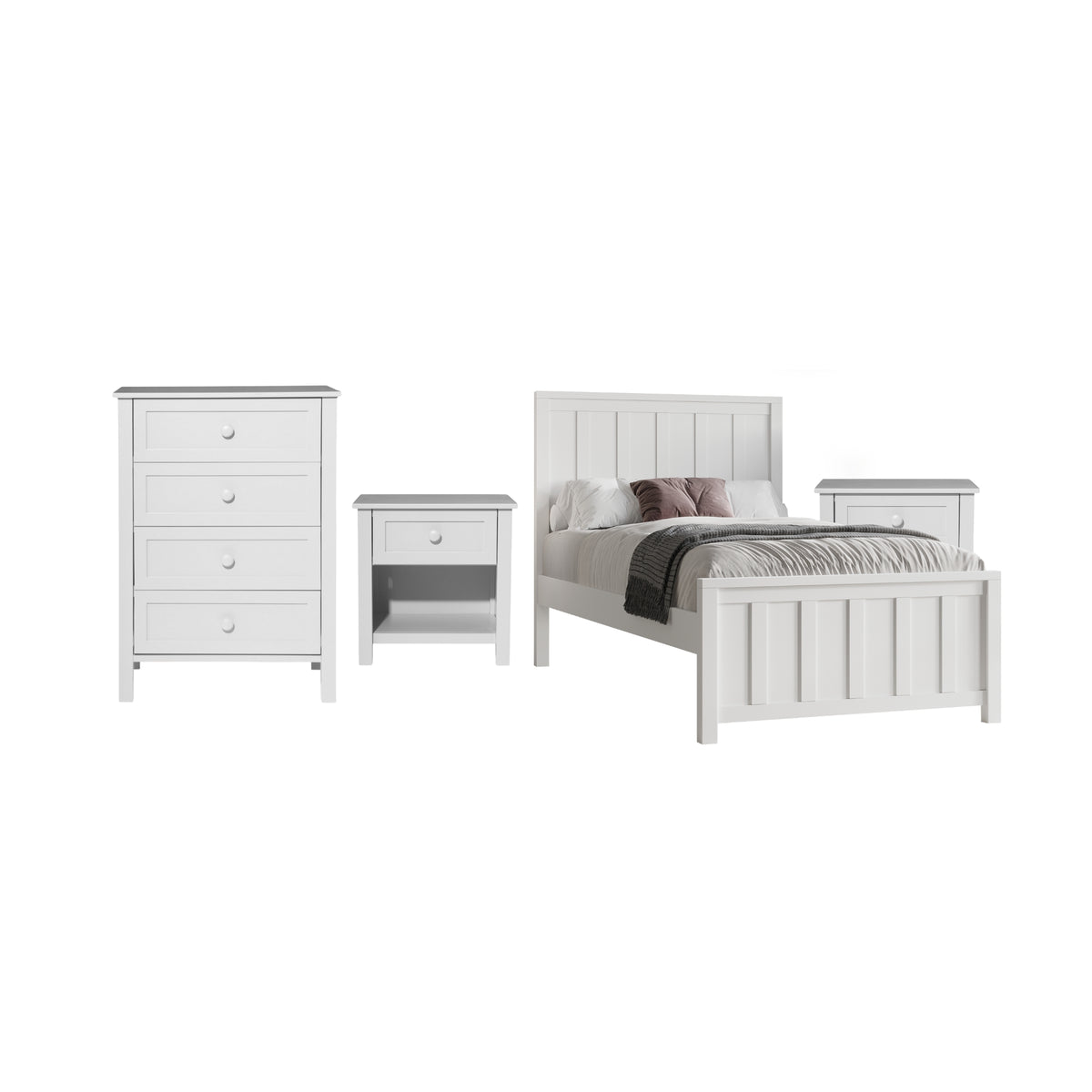 Jessica 4pc Single Bedroom Set Bed Frame Bedside Tallboy White