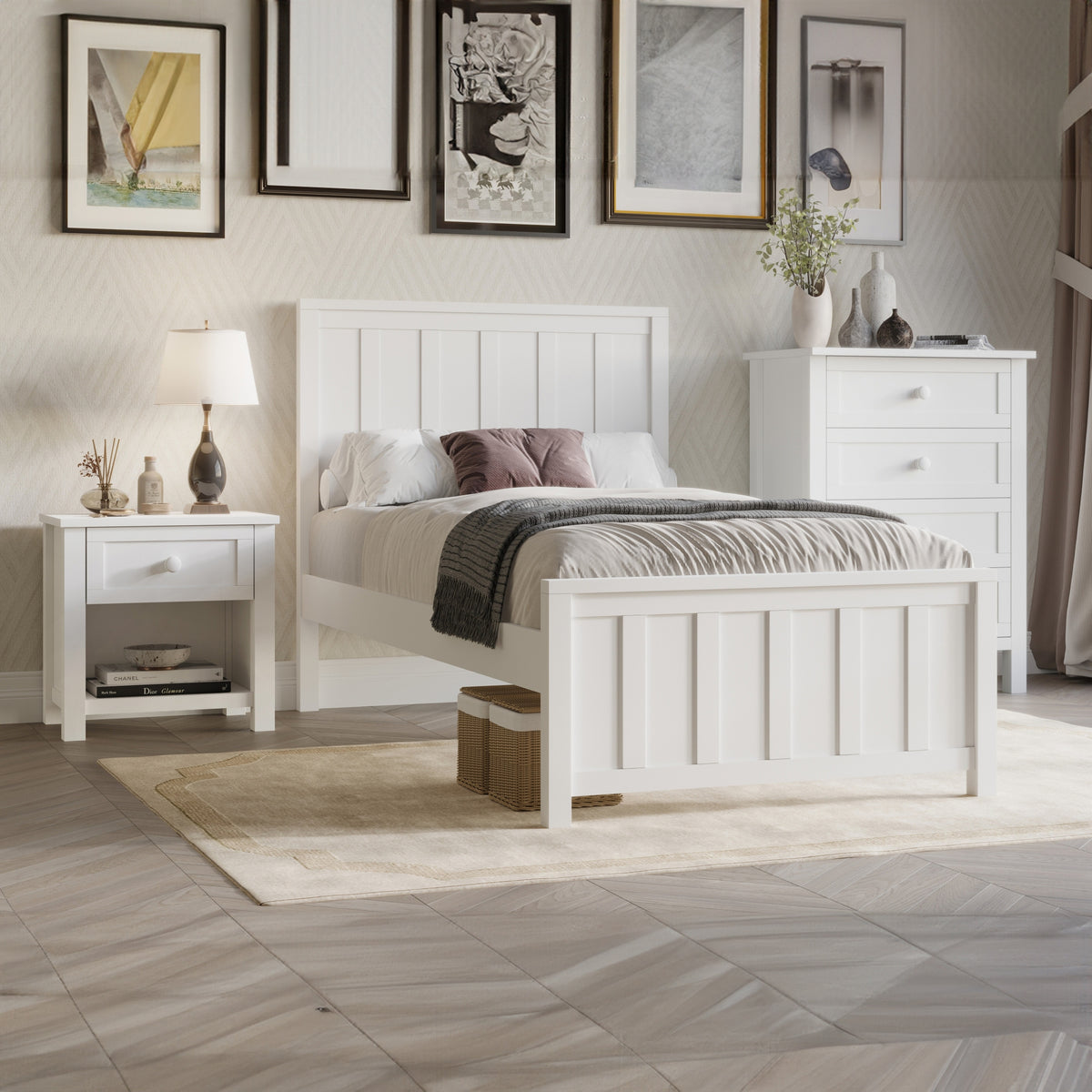 Jessica 4pc Single Bedroom Set Bed Frame Bedside Tallboy White