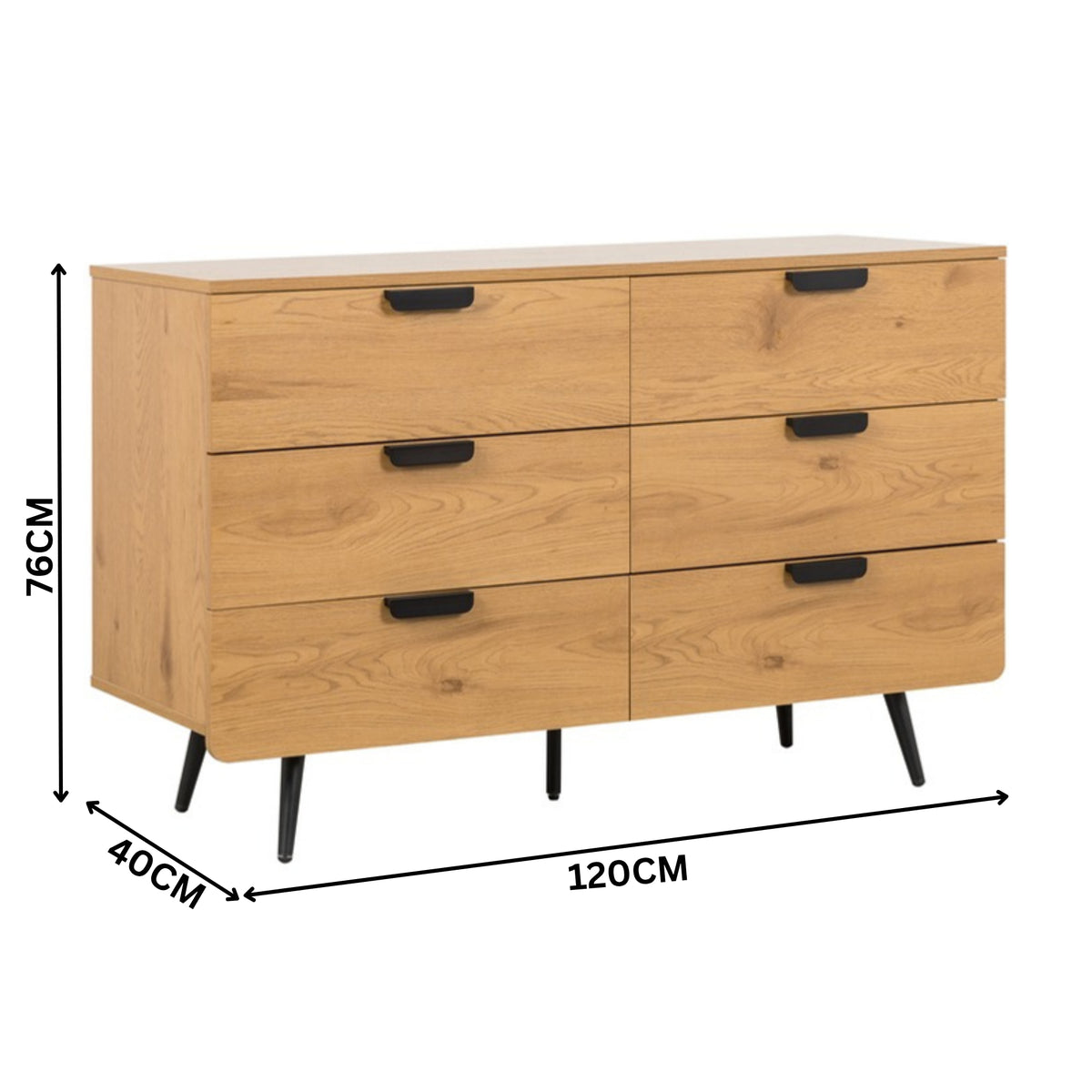 Jinan 120cm Dresser Chest of 6 Drawers Oak — dimensions diagram