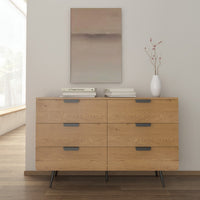 Jinan 120cm Dresser Chest of 6 Drawers Oak, in a room beneath abstract artwork