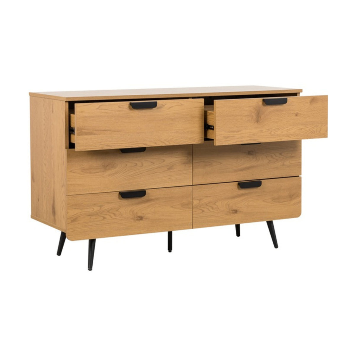 Jinan 120cm Dresser Chest of 6 Drawers Oak, front view with two drawers open