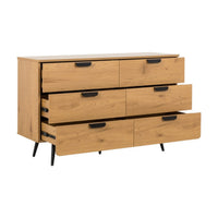 Jinan 120cm Dresser Chest of 6 Drawers Oak, angled view with the drawers open