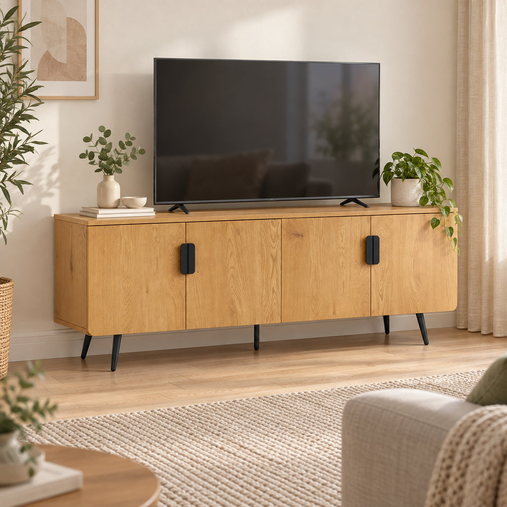 Jinan 160cm ETU Entertainment TV Unit Oak, in a living room with a TV on top