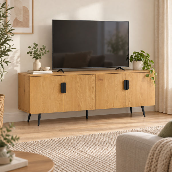 Jinan 160cm ETU Entertainment TV Unit Oak, in a living room with a TV on top
