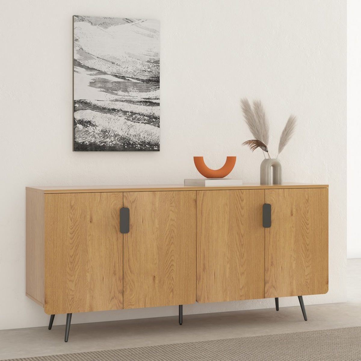 Jinan 160cm Sideboard Buffet Table Oak, in a living room beneath a landscape print