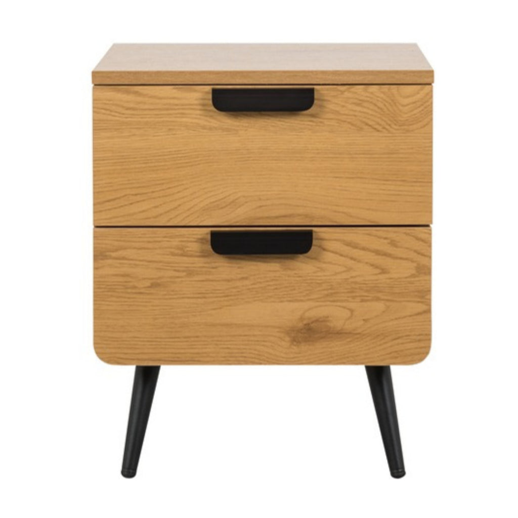 Jinan 2 Drawer Bedside Table Oak, front view on a white background