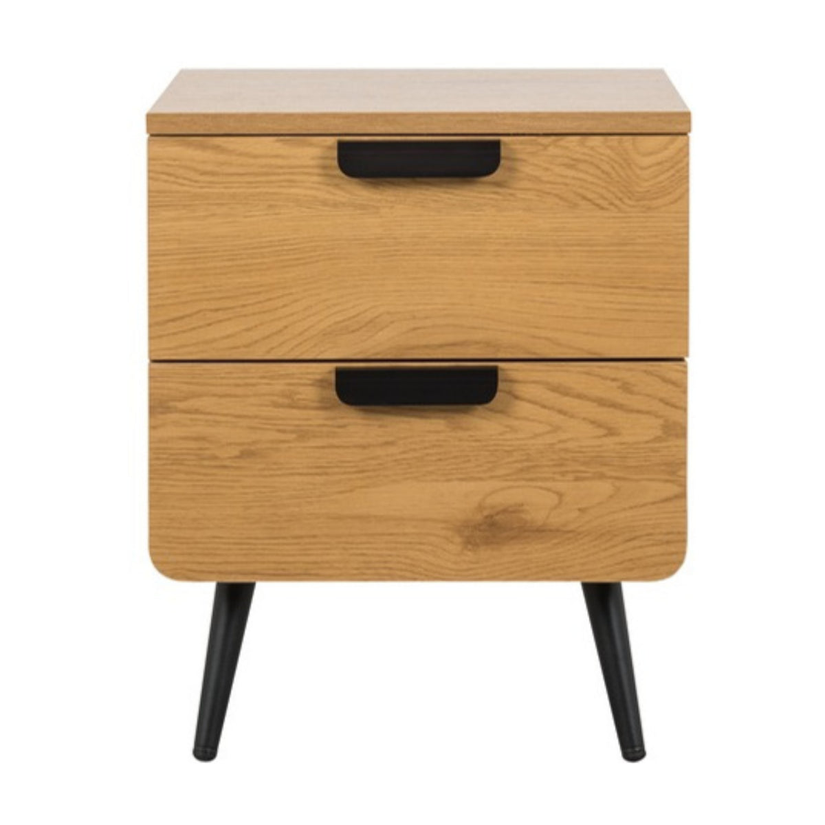 Jinan 2 Drawer Bedside Table Oak, front view on a white background