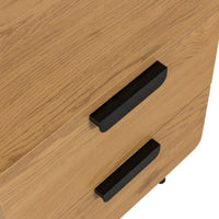 Jinan 2 Drawer Bedside Table Oak, close-up of the black bar handles