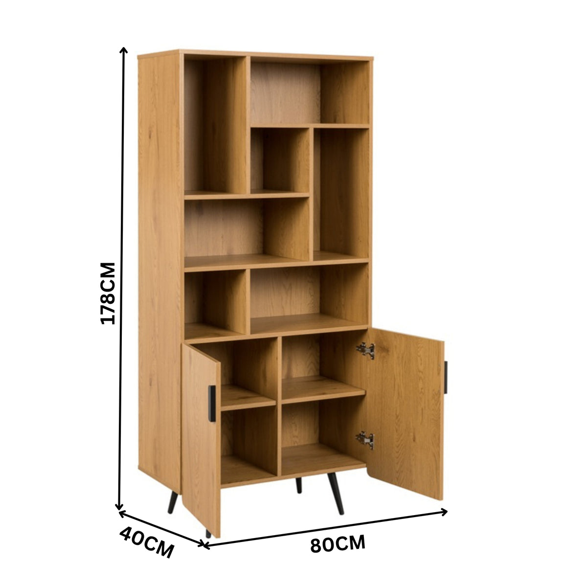 Jinan 80cm 2 Door Bookshelf Oak — dimensions diagram