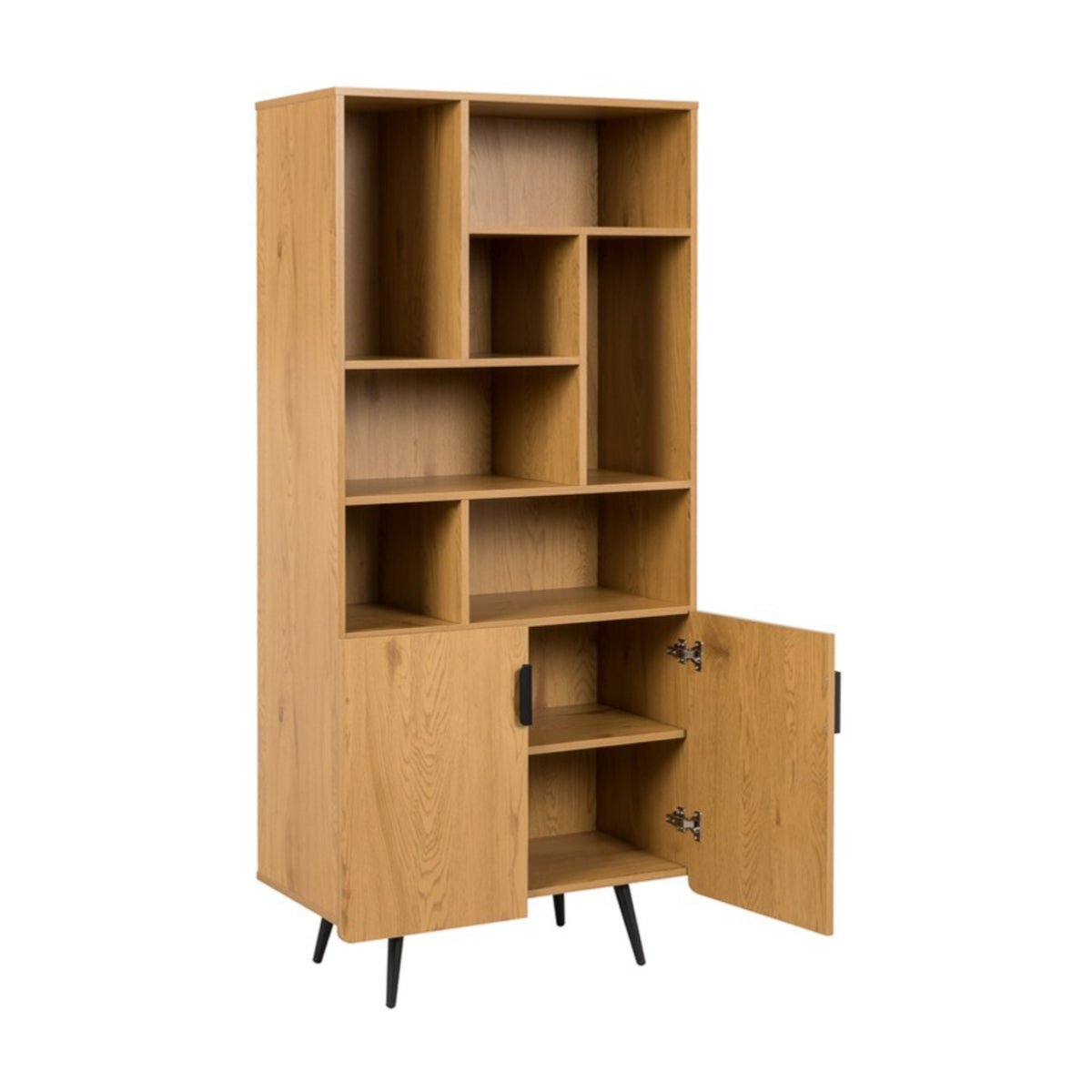 Jinan 80cm 2 Door Bookshelf Oak, front view with the cabinet doors open