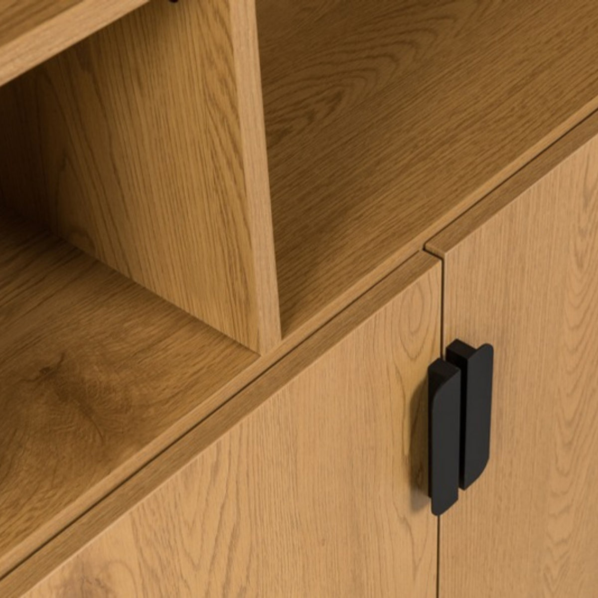 Jinan 80cm 2 Door Bookshelf Oak, close-up of the shelves and door handle