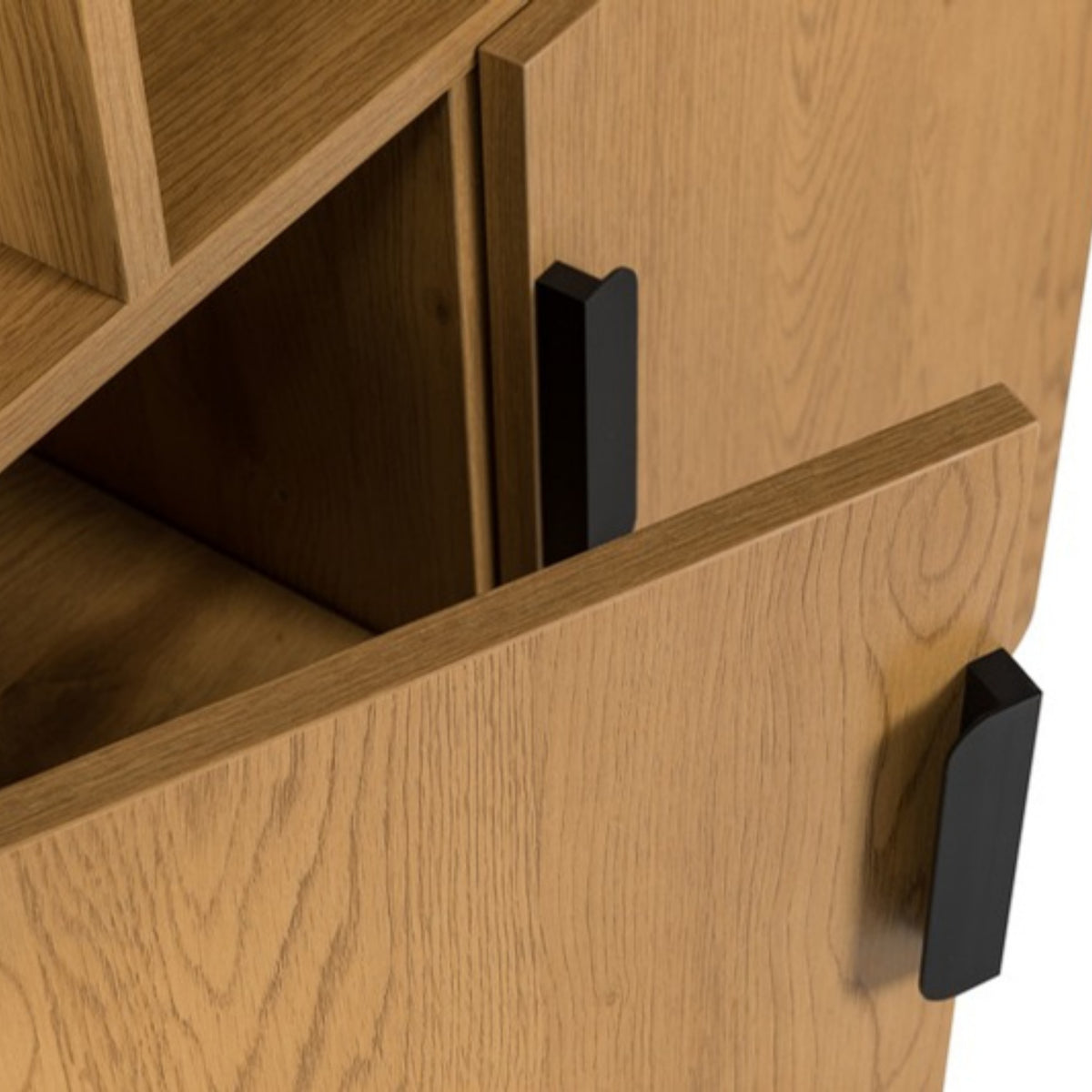 Jinan 80cm 2 Door Bookshelf Oak, close-up of the open door and shelves